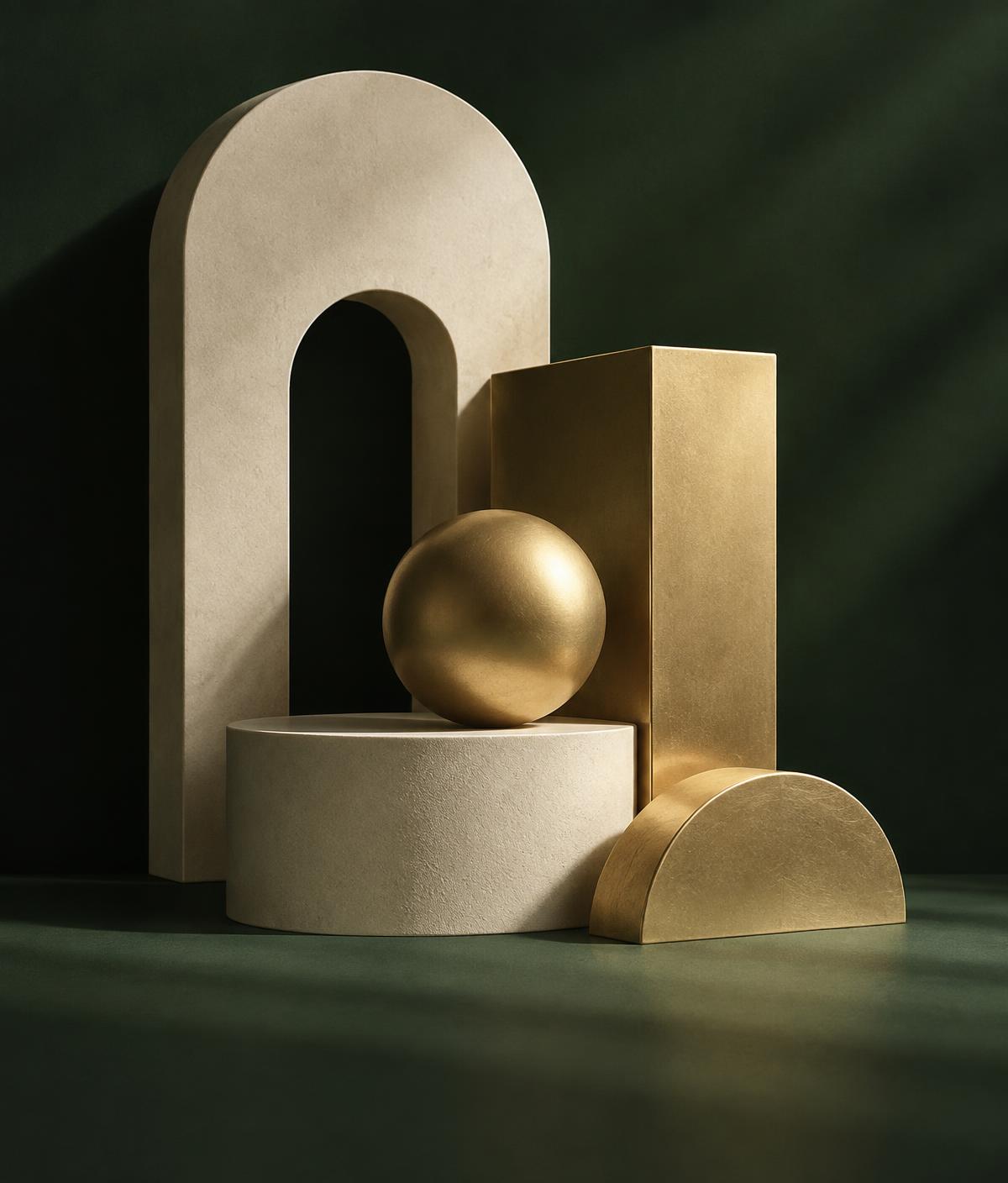 Abstract architectural forms in ivory and champagne on deep green